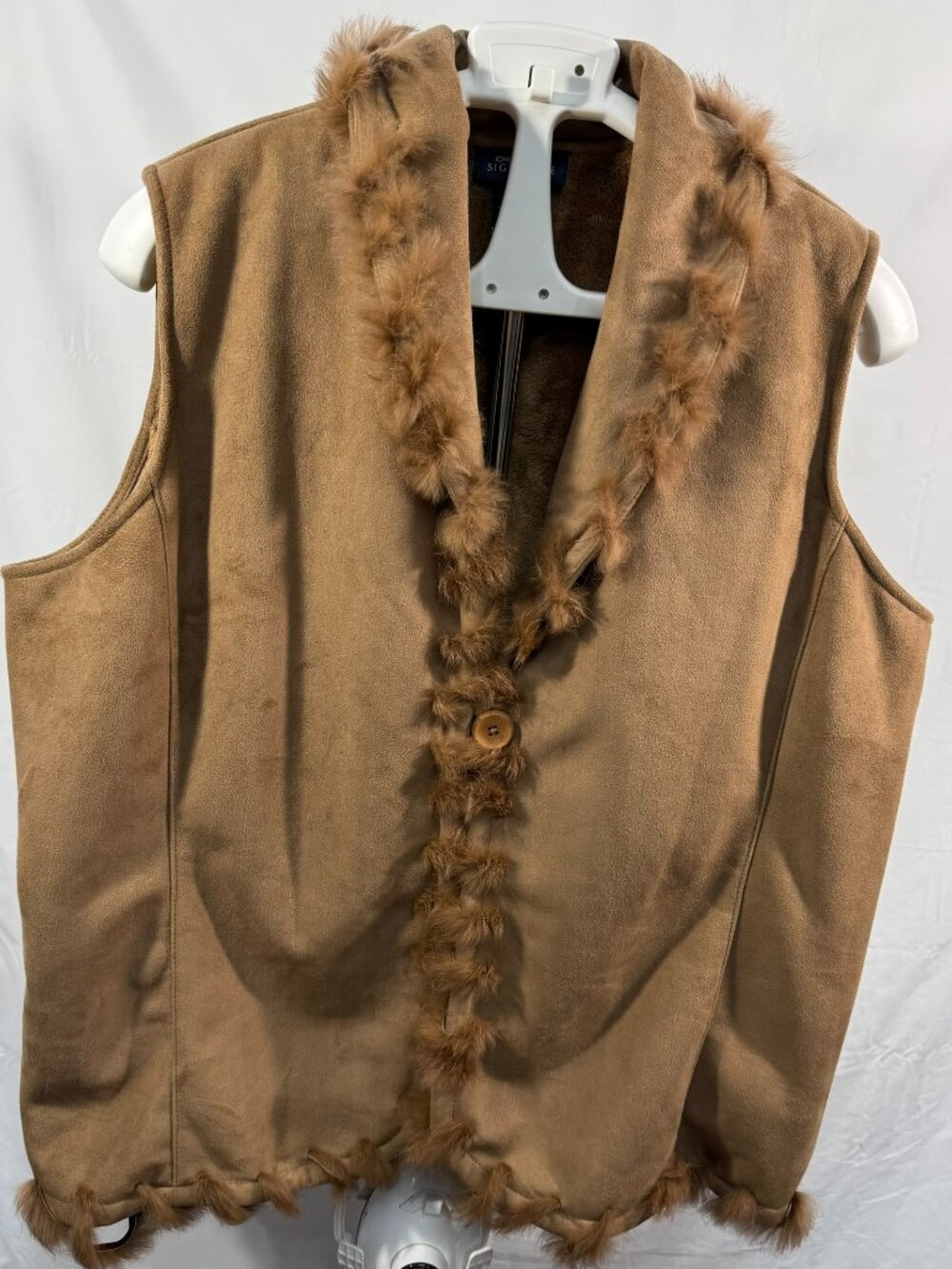 Jones New York Signature 1X Faux Suede Rabbit Fur Trim Vest Brown